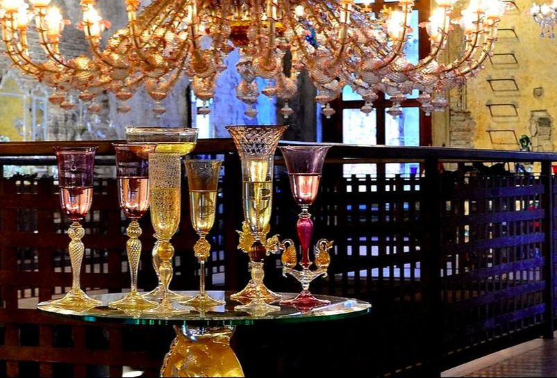 Event Space in Venice Italy, Banquet Hall Venice Italy, Private Events Venice Italy, Ex Chiesa di Santa Chaira Murano, Event Space Murano Venice, Murano Glass Champagne Glasses, Murano Glass Goblets, Murano Glass Chandelier